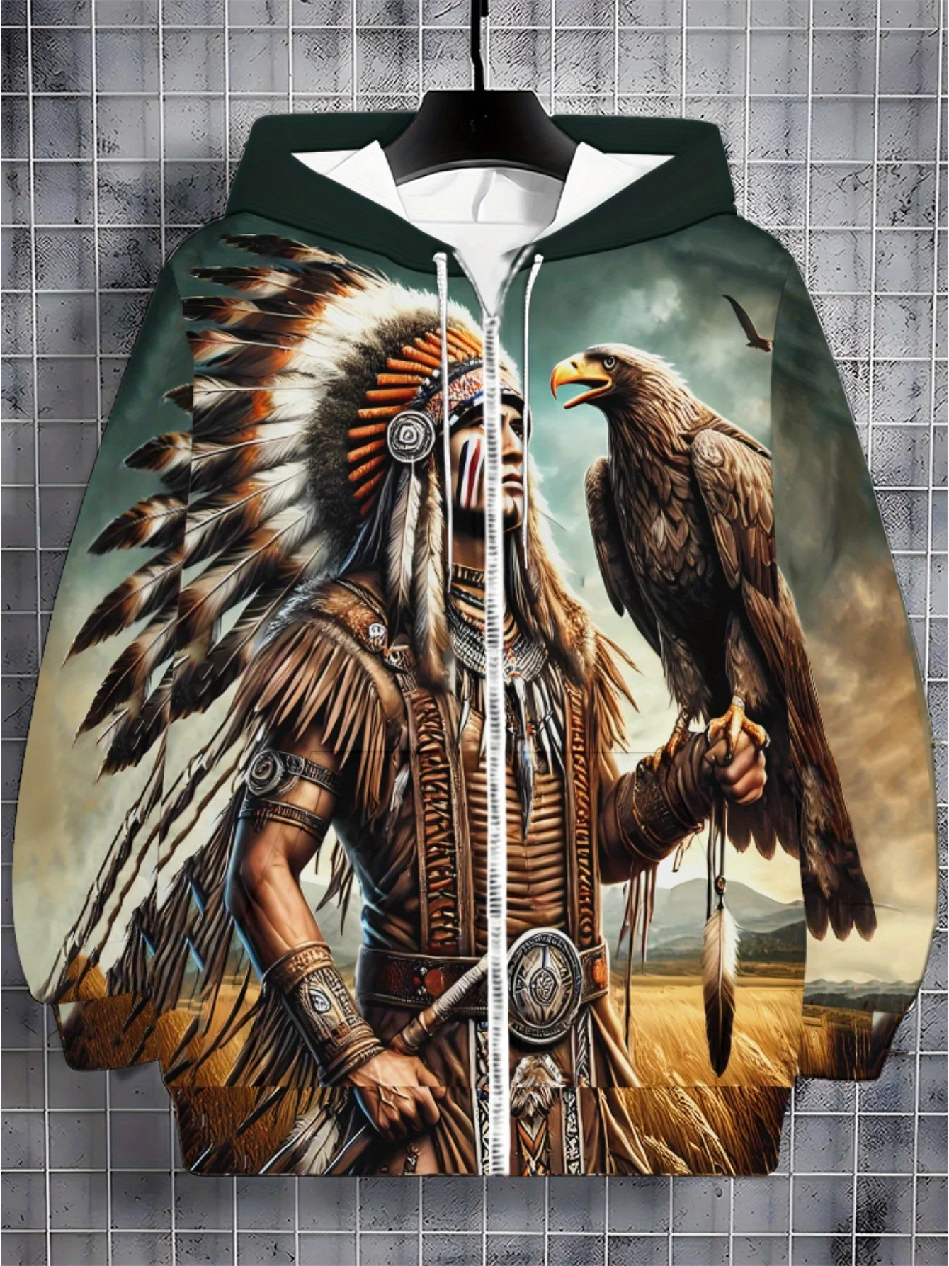 Толстовка на молнии для мужчин. Толстовка с дизайном Native Warrior для одежды в гостиной, Яркий многоцветный принт, Легкий удобный крой,