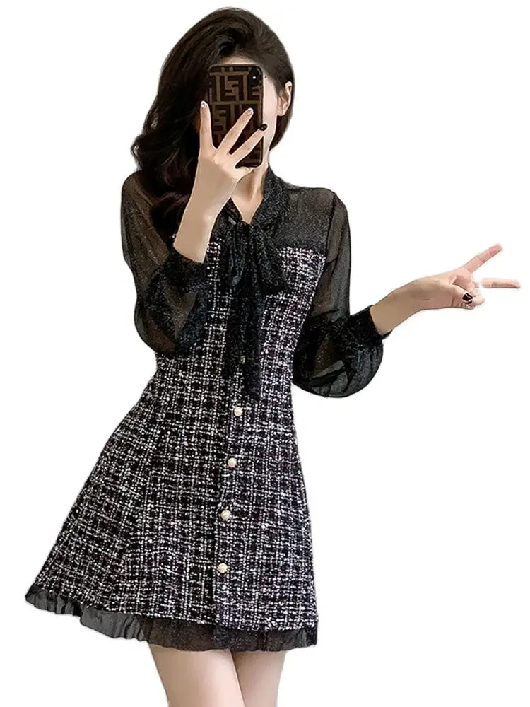 Korean Small Fragrant Tweed Dress Sweet Tie Long Sleeve Patchwork Single Breasted Casual Dresses Vintage Clothes For Woman image 2