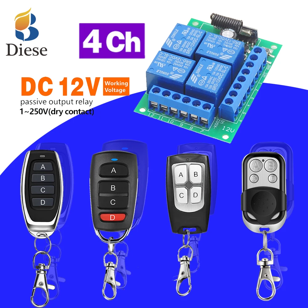Universal RF433MHz Wireless Remote Control DC12V 4CH Relay Receiver Module Switch 4 Button Remote Control Gate Garage Door Lock