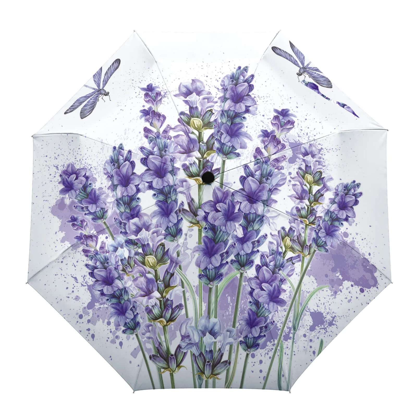 Purple Flower Lavender Dragonfly White Custom Automatic Umbrellas for Women Male Windproof Folding Rain Umbrella Parasol