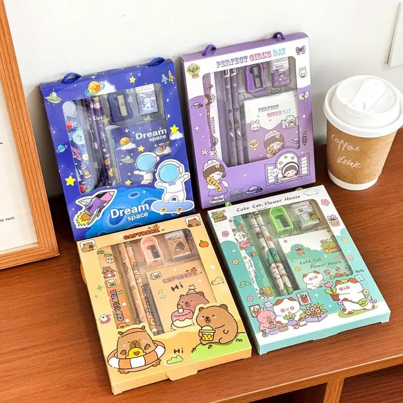 1/2Set Cartoon Capybara Pencil Stationery Set Kawaii Eraser Pencil Sharpener Children Student Stationery Supplies