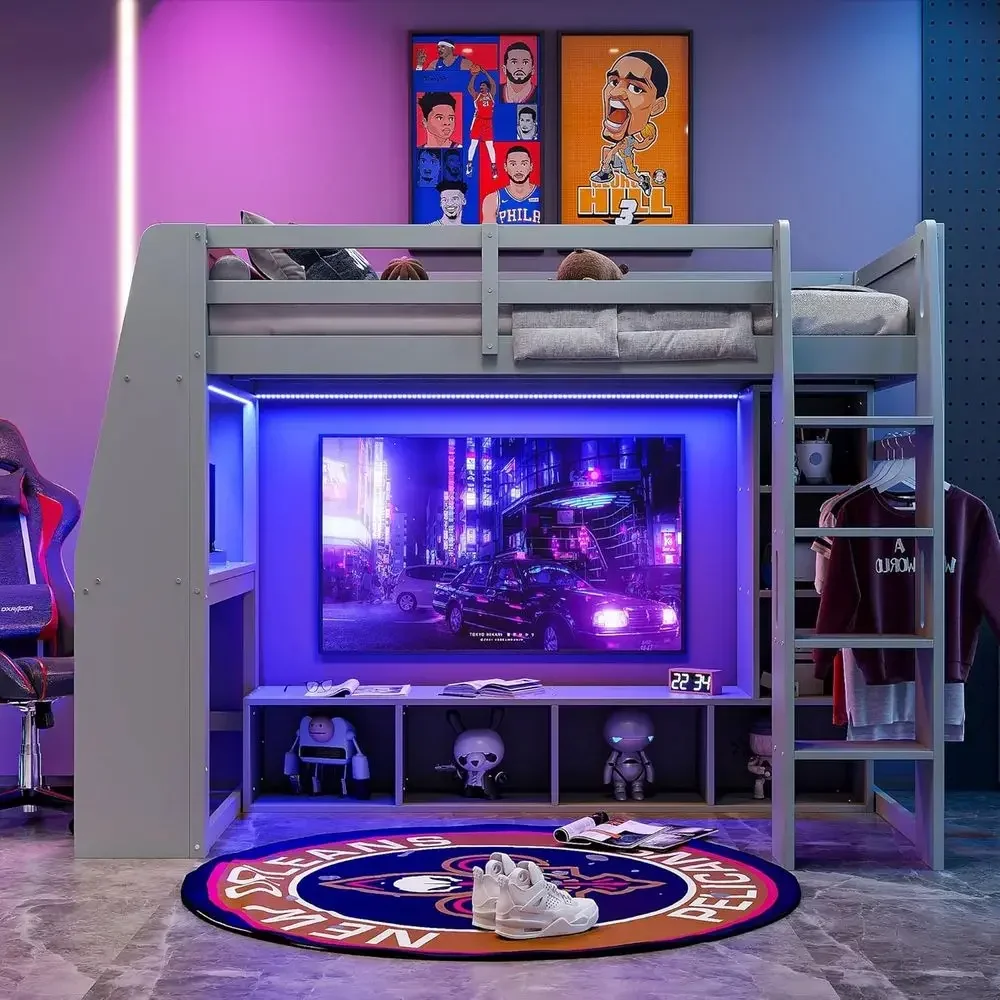 Twin Size Gaming Loft Bed with Desk, Storage Shelves, LED Lights, and Clothes Rack for Teens' Rooms (Gray)