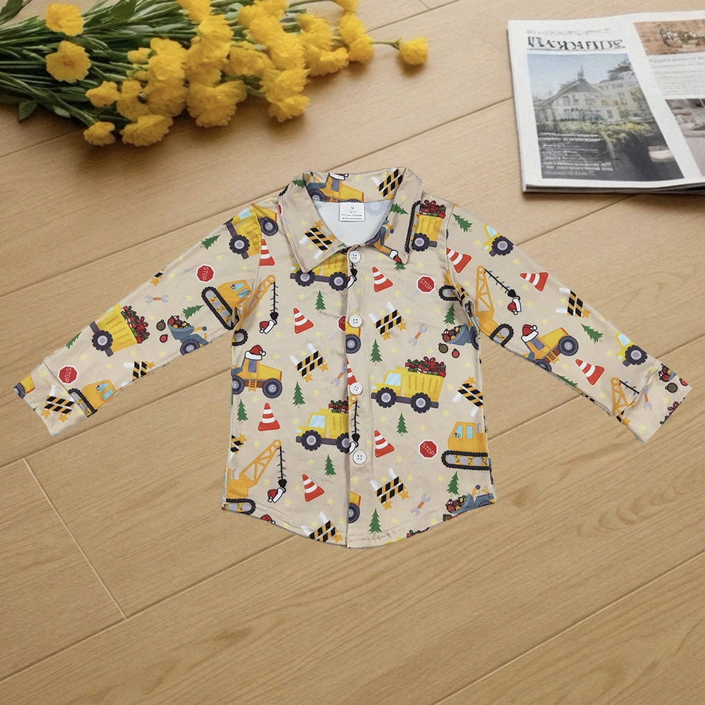 

9.20 Wholesale Hot Sale Western Boutique children clothing Baby Boys Christmas Hats Excavators Button Shirts Top