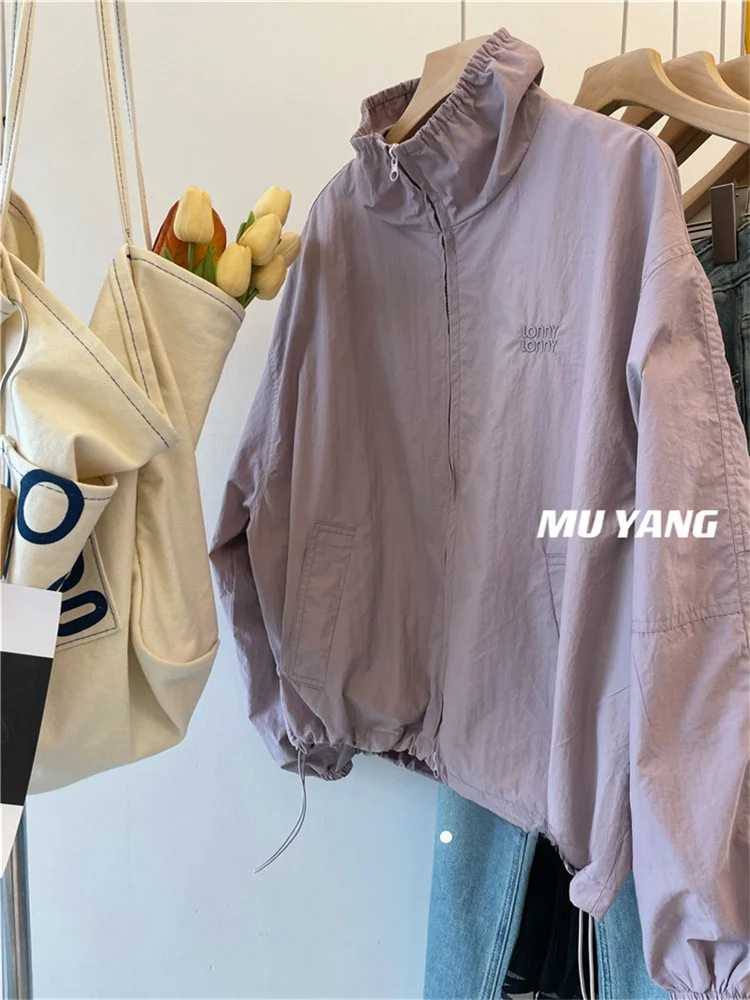 

Olive Purple Embroidered Stand Collar Dstring Jaet Women's Winter Casual Loose Windproof Outerwear Top by IDOMAI