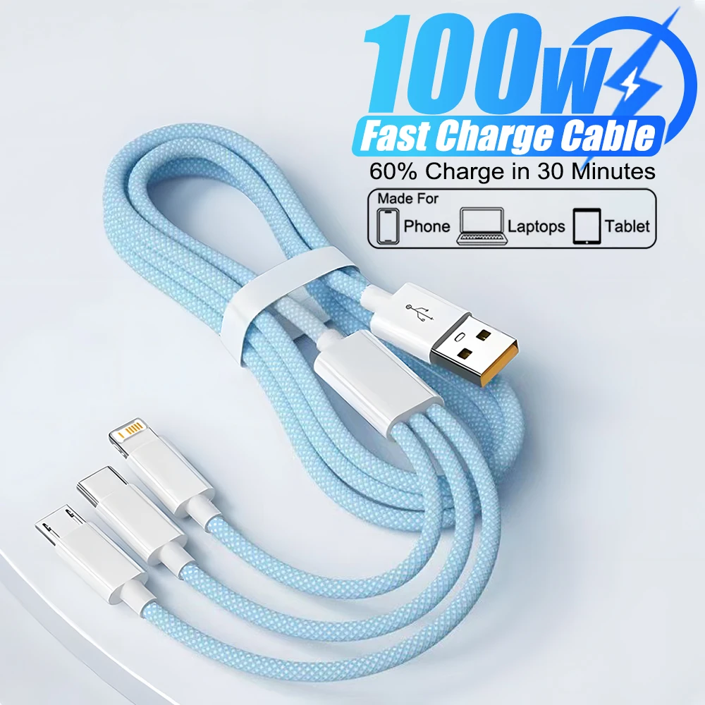 3In1 6A Micro USB Cable Fast Charging Phone Data Line Type C Cord For iPhone Samsung Xiaomi Oneplus OPPO Quick Charge Cable Wire