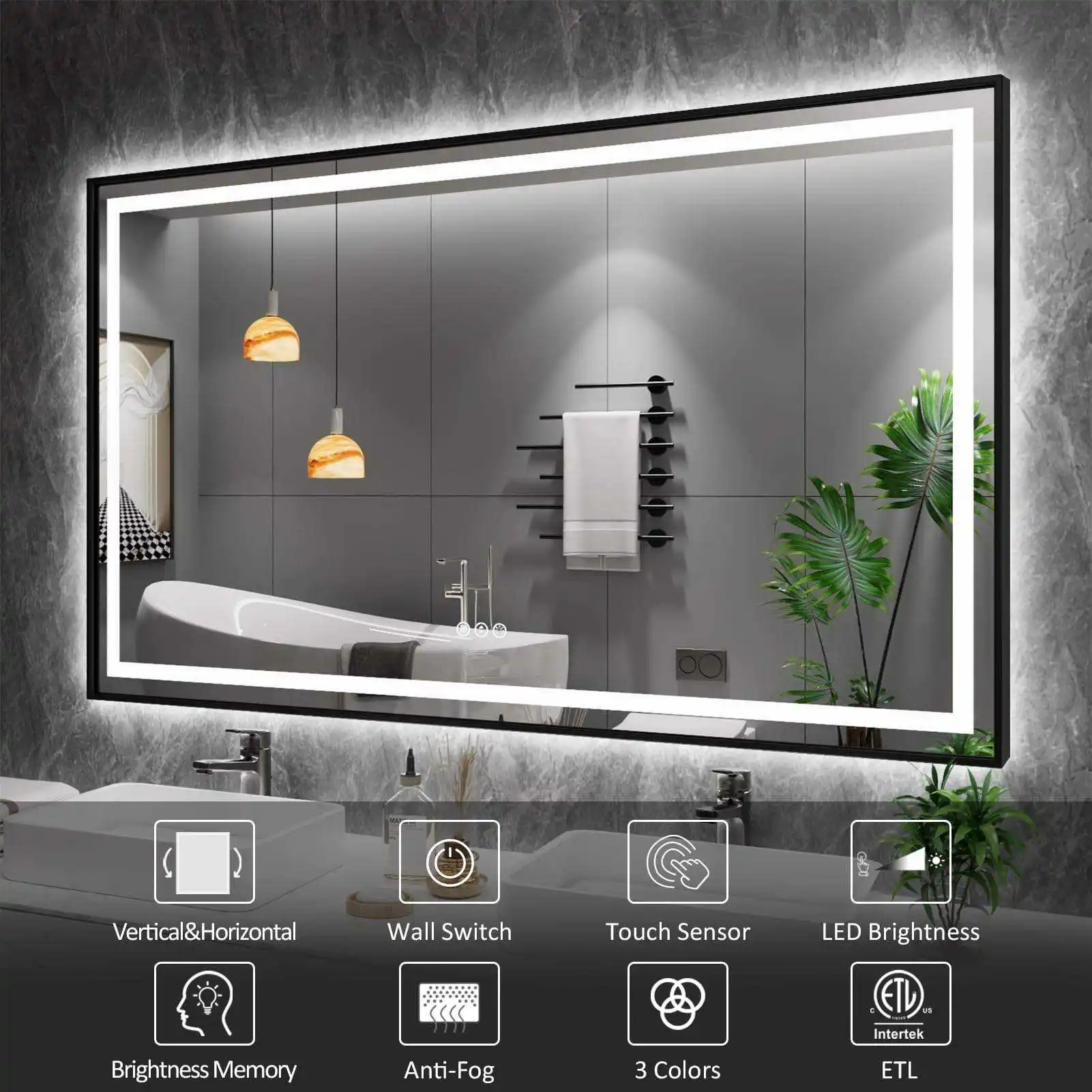 Smart Touch Screen LED Makeup Mirror Illuminated Vanity Wall Mirror for Bathroom Hotel Home