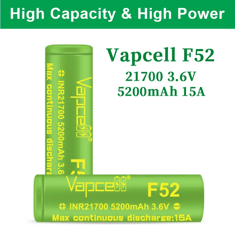 1-10pcs Original Vapcell 21700 F52 Battery 5200mah 15A 3.6V High Capacity INR 21700 Rechargeable Batteries Li-ion Cell