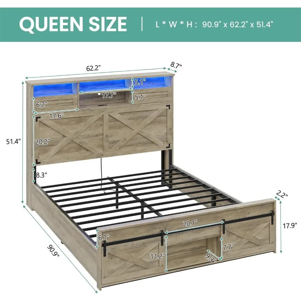 Bed Frame Queen Size with LED Lights and Charging Station, 51.4