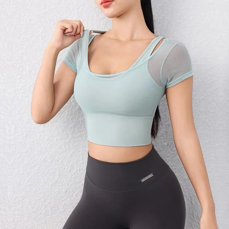 Women Mesh Sleeve Yoga Tee, Integrated Pads Breathable Stretch Summer Athletic Top for Pilates Training