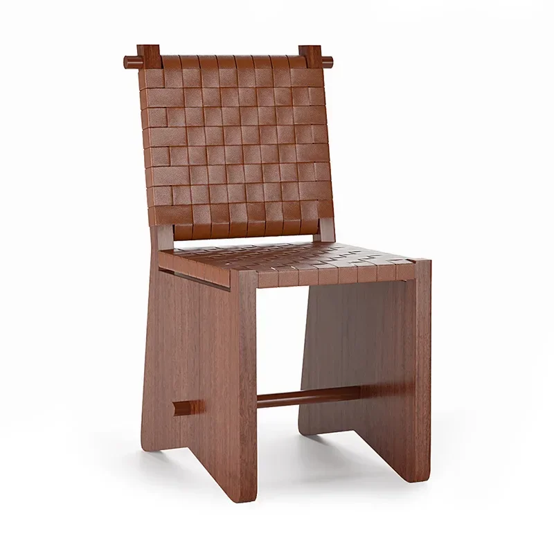 Saddle leather chair Home retro solid wood woven leather back chair