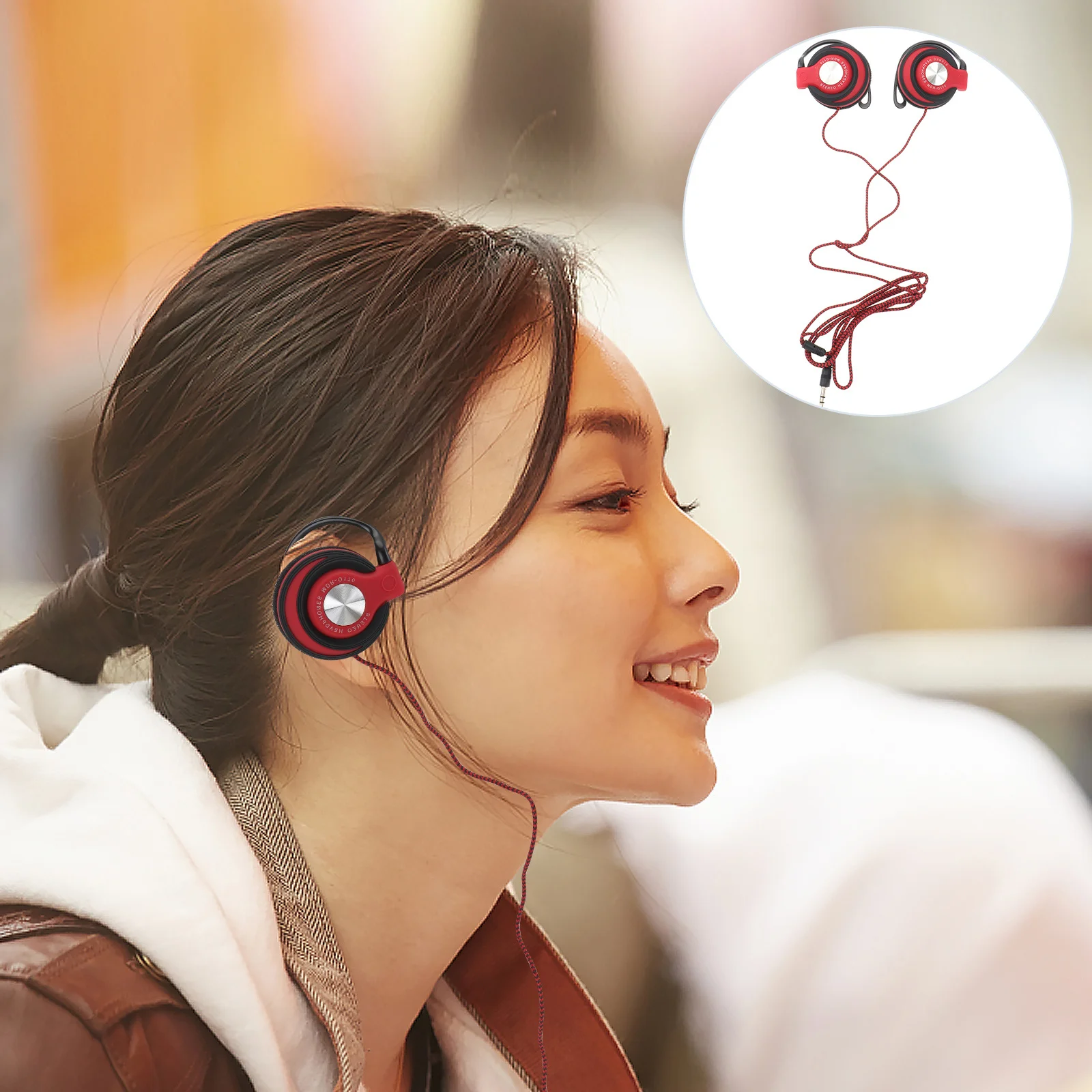 

3.5mm Clip on Earhook Earphones Wired Durable Cable Comfortable Ear Pads Stereo Headphones for Computer Mp3 Player Red Headset