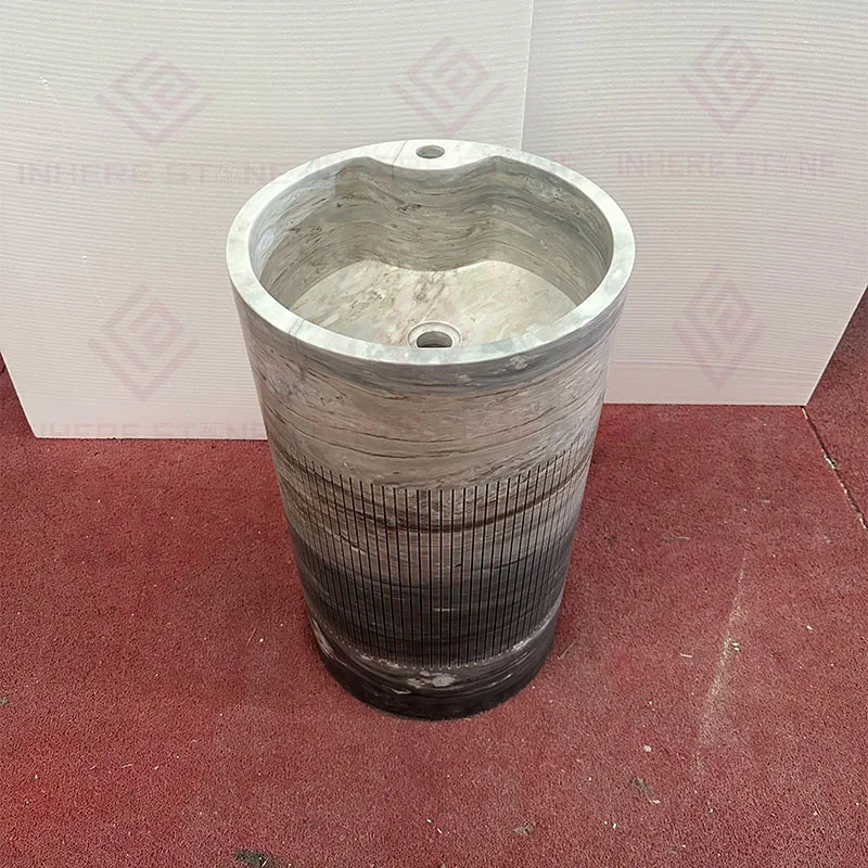 Custom Washroom Furniture Solid Washbasin Natural Stone Freestanding Basin Palissandro Blue Marble Design Pedestal Wash Basin