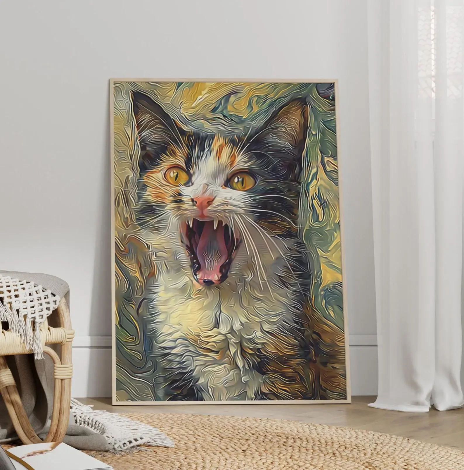 Angry Cat Wandkunst-Poster, Druck oder Leinwand, urkomisches schreiendes Kattun-Katzenporträt für Haustierliebhaber, physische Tierkunst für mutig