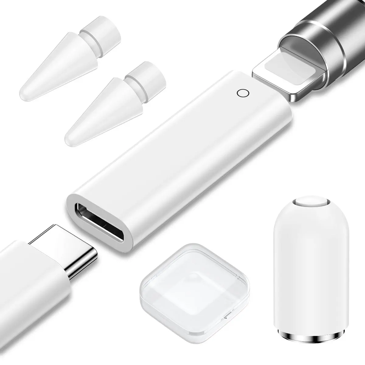 4 Pack USB C to Lightning Adapter Bluetooth Pairing for iPad 10 A16 Stylus Tip Magnetic Replacement Cap for Apple Pencil 1st Gen