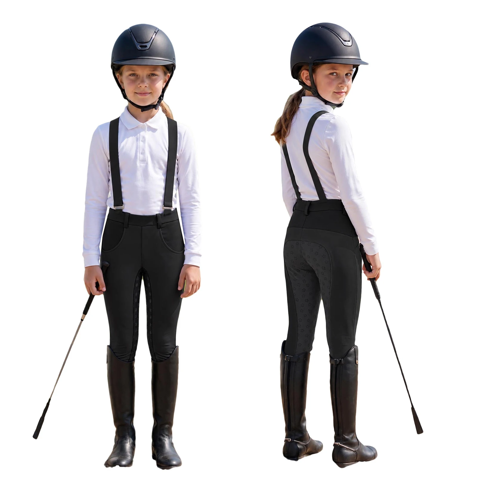 Kids Girls Horse Riding Overalls Pants Equestrian Breeches Elastic Waistband Anti-slip Full Seat Leggings Rompers with Pockets