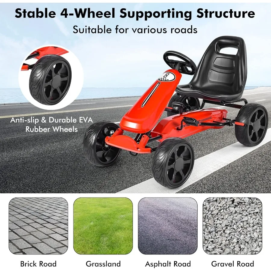 ペダルゴーカート 4輪動力付き乗用玩具 ペダルカー 人間工学に基づいた調節可能なシート ハンドブレーキ 滑り止めゴム製ホイール付きゴーカート
