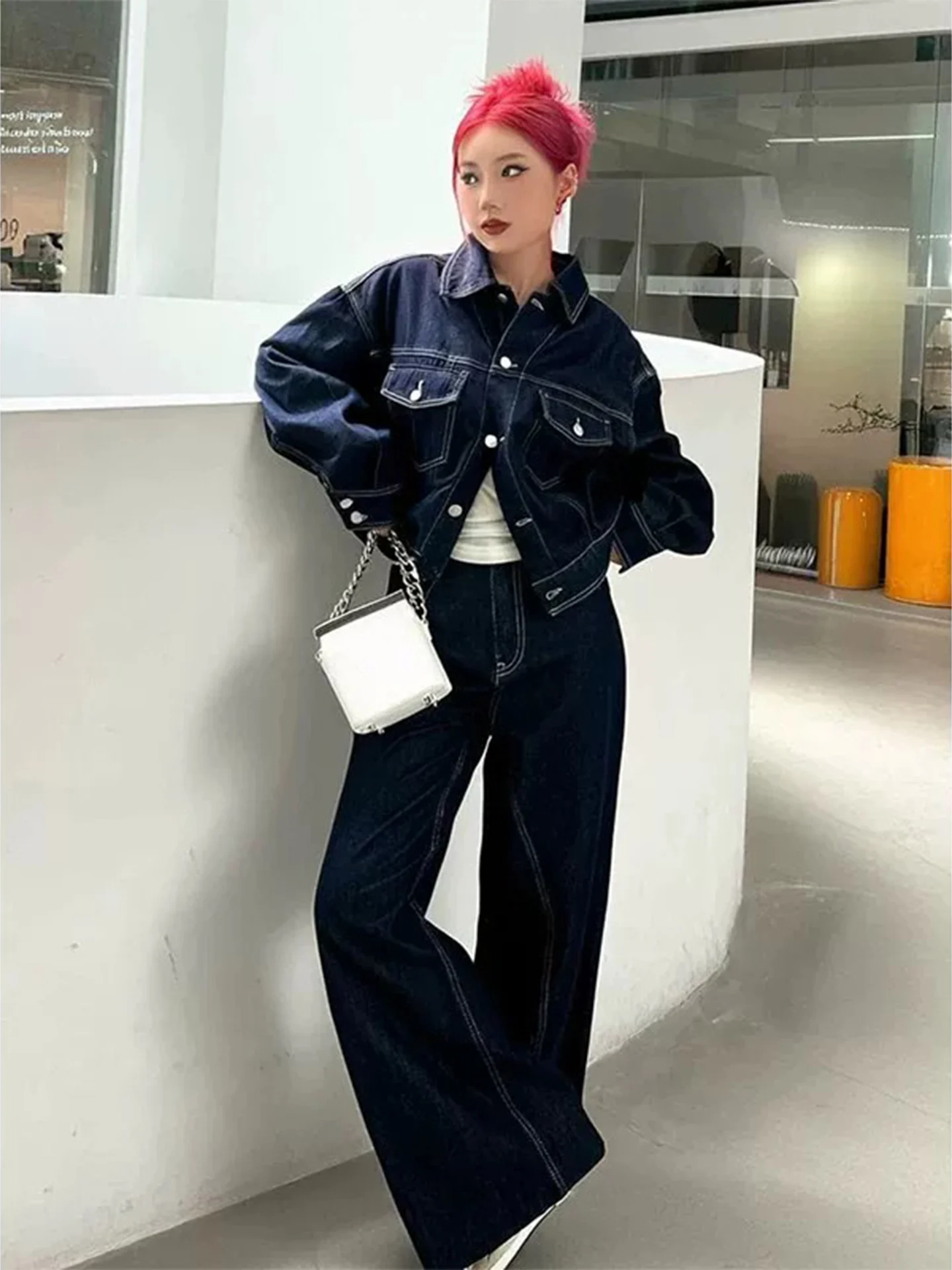 Deep Blue Short Denim Jacket Women's Slim Fit American Style Autumn 2026 Two-Piece Set High Waist Coat Top Ladies Fashion