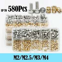M2 M2.5 M3 M4 Brass Threaded Insert Nut and 304 Stainless Steel Hexagon Hex Socket Head Cap Bolt Screw with Heat Knurled Nut Kit