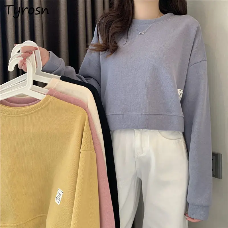 

Cropped Sweatshirts Solid Fashion All Match Women Streetwear Autumn Loose Korean Style Casual Harajuku Leisure Sweet