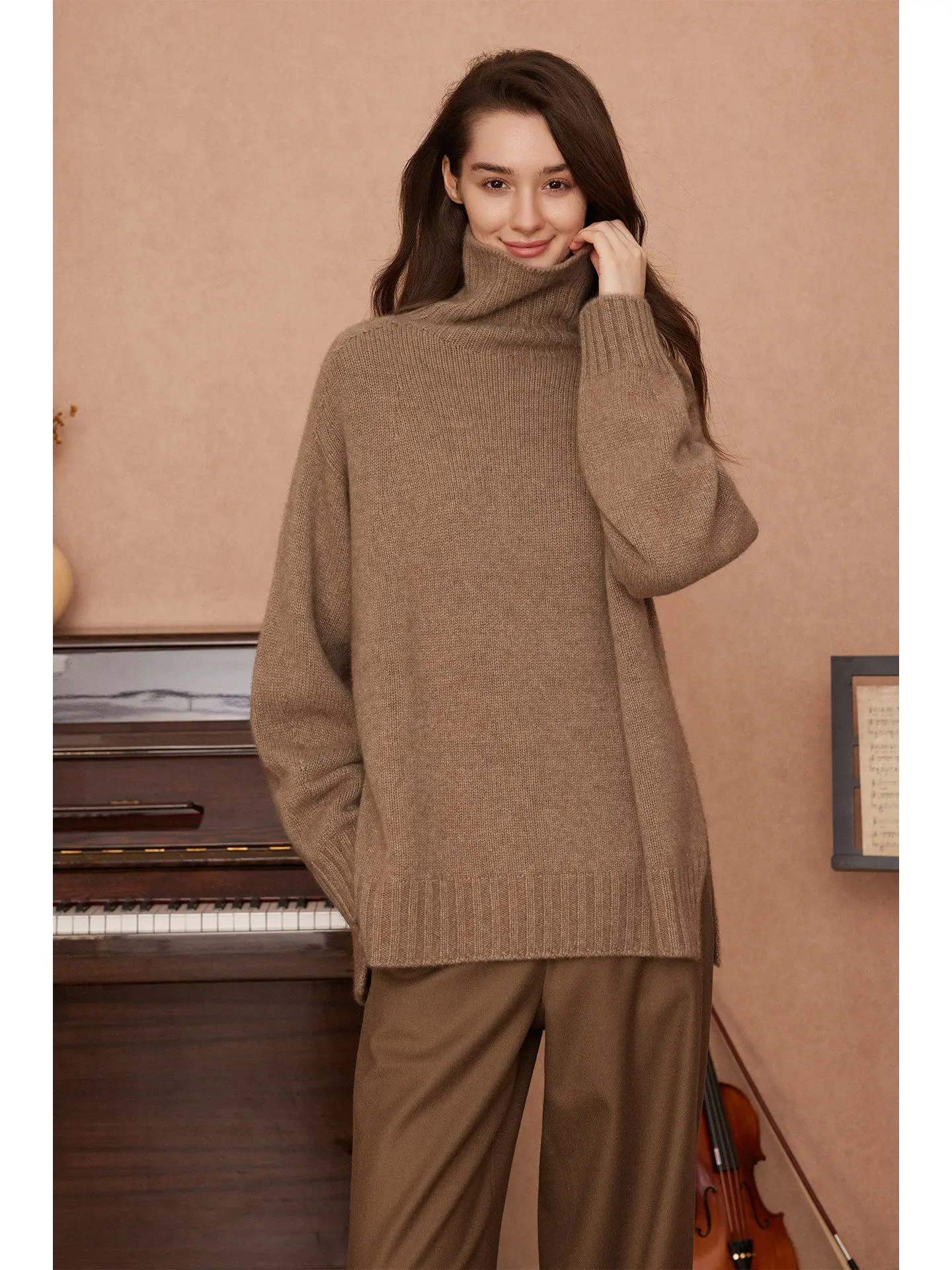 

Ретро-свитер с высоким воротником, однотонный, осенне-зимний, кофейного цвета, облегающий, повседневный, удобный, вязаный, для женщин