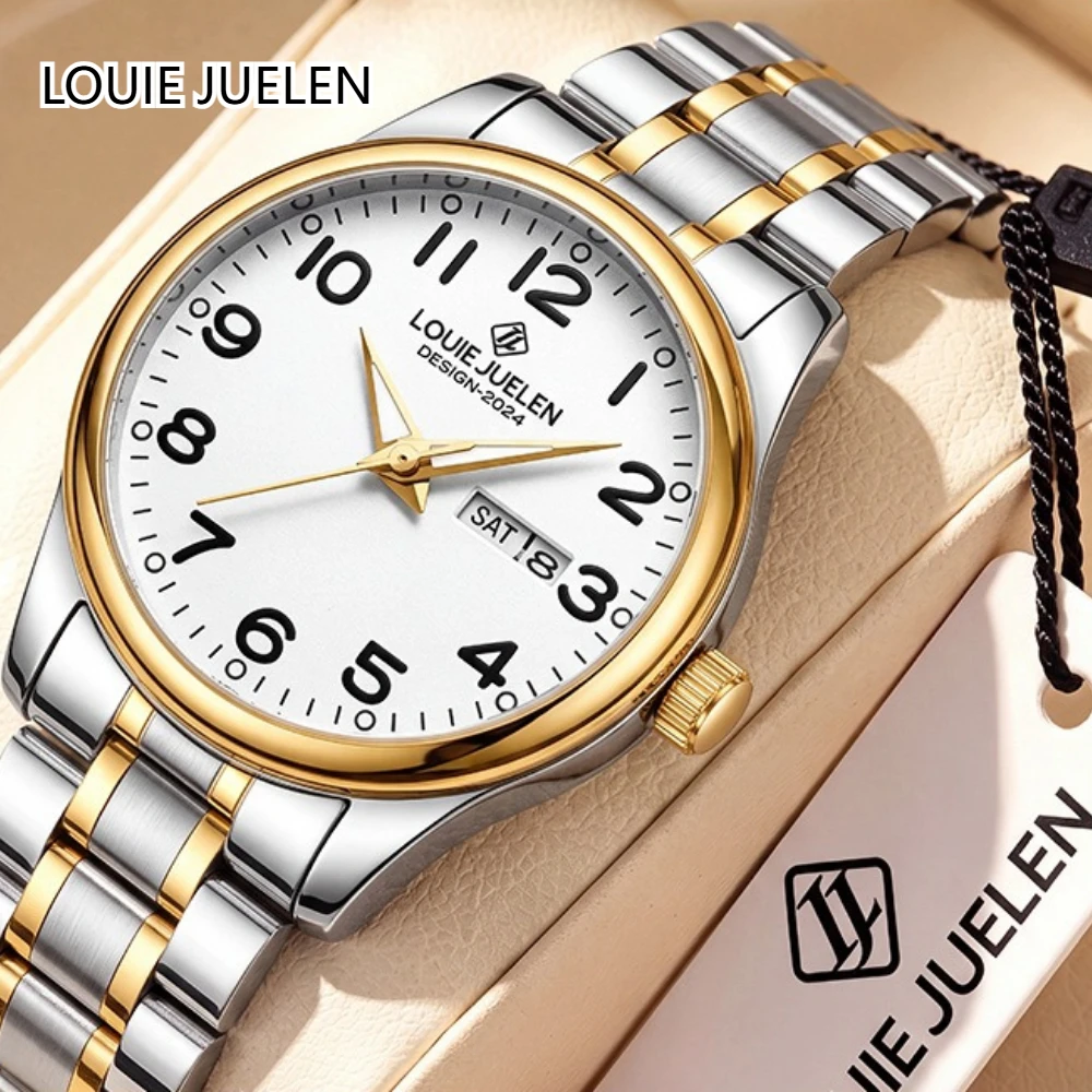 LOUIE JUELEN Men Quartz Watch Stainless Steel Band Day & Date Calendar Waterproof Business Classic Wristwatch Large Number Dial