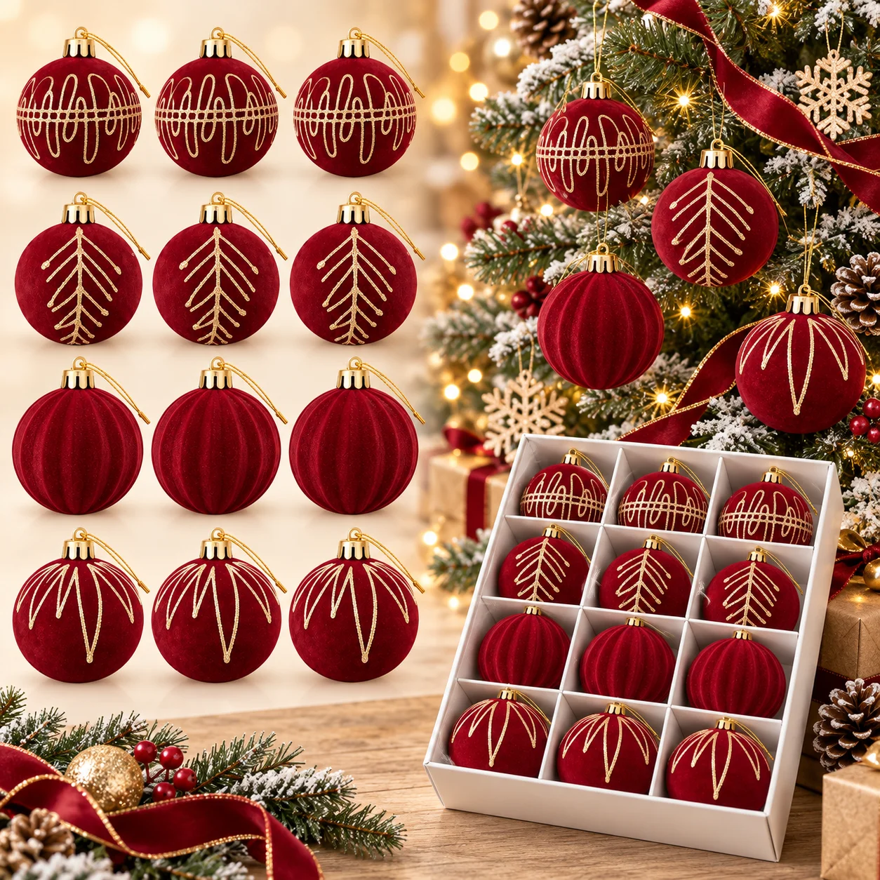 12 Pcs 6cm Burgundy Velvet 4 Styles Gold Glitter Christmas Balls Shatterproof Xmas Tree Ornament for Holiday Home Party Decor