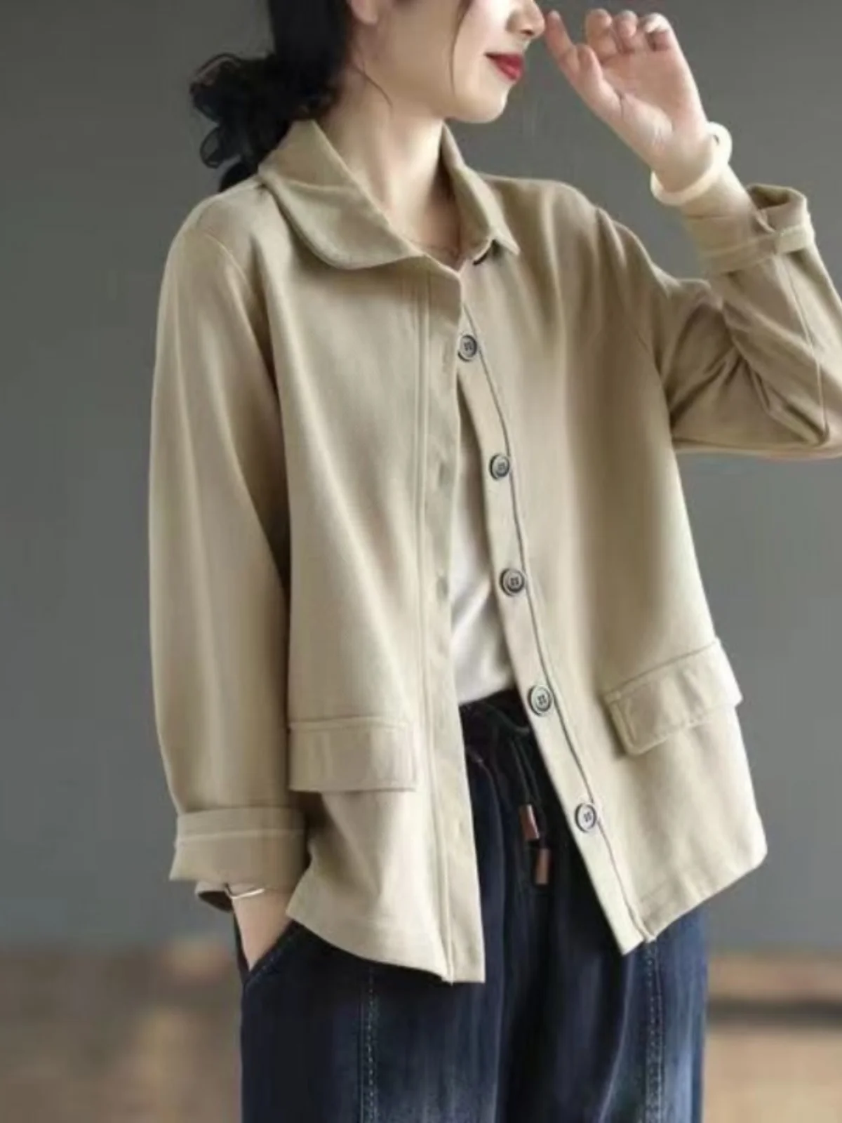 

Casual Loose Cotton ort Jaet Women's Open Cardigan Sle Pure Color Turn-down Collar Brand Tailored Clothing