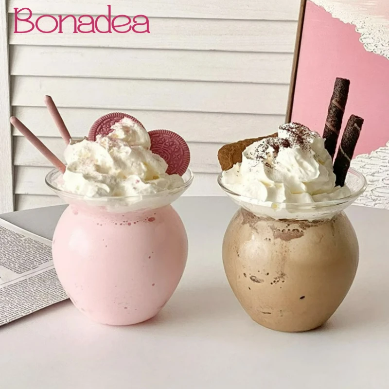 Creative Glass Cup Personalized Trend Ice Cream Dessert Cup Milk Coffee Juice Cup Cute Bubble Milk Tea Cup Home Decoration