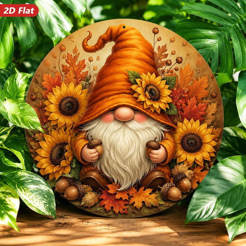 2D Flat, 1pc Autumn Gnome Harvest Round Metal Sign Wall Art, Suitable for Study Entryway Studio, Bearded Gnome, Curled Pumpkin H