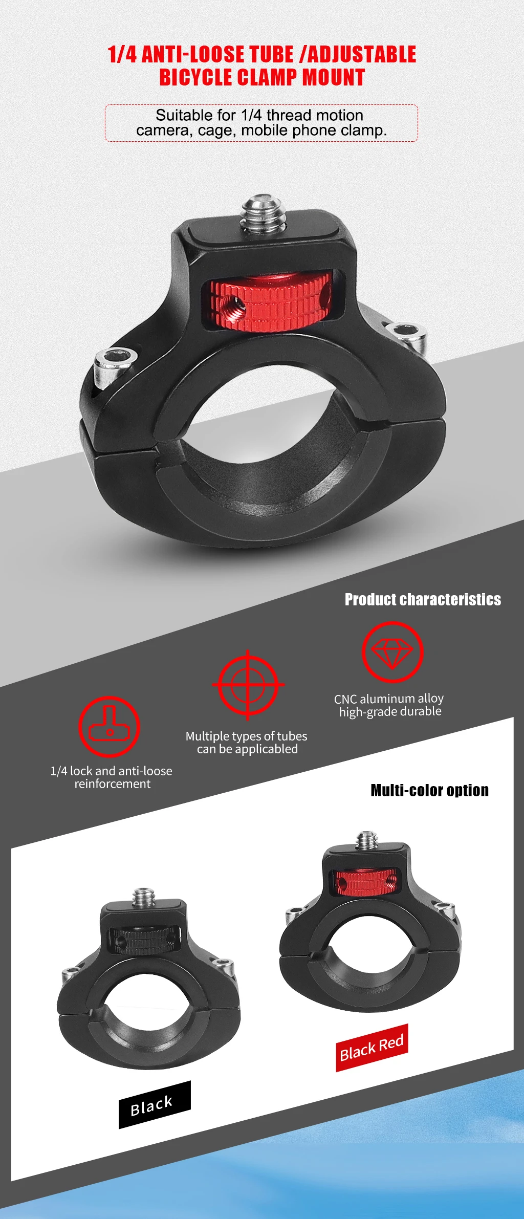 Verstärkte Fahrradlenkerhalterung 1/4 Schraube für GoPro 13 12 Insta360 X5 X4 DJI OSMO 360 Kamera Handy Motorradhalter – Detail 2