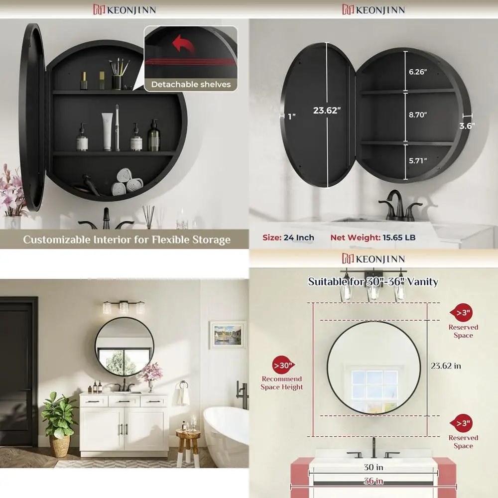 

24 Round Black Surface Mount Medicine Cabinet with Mirror and Adjustable Shelves