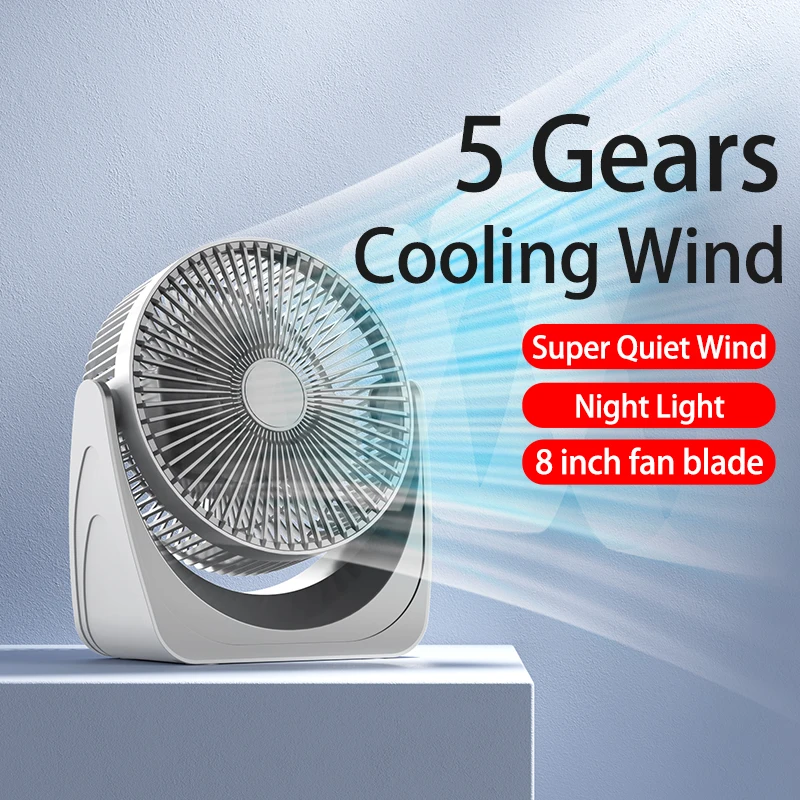 Ventilador de escritorio ajustable de 2024 °, aire acondicionado portátil USB con 5 velocidades de viento y luz nocturna para el hogar, 8 pulgadas, novedad de 360