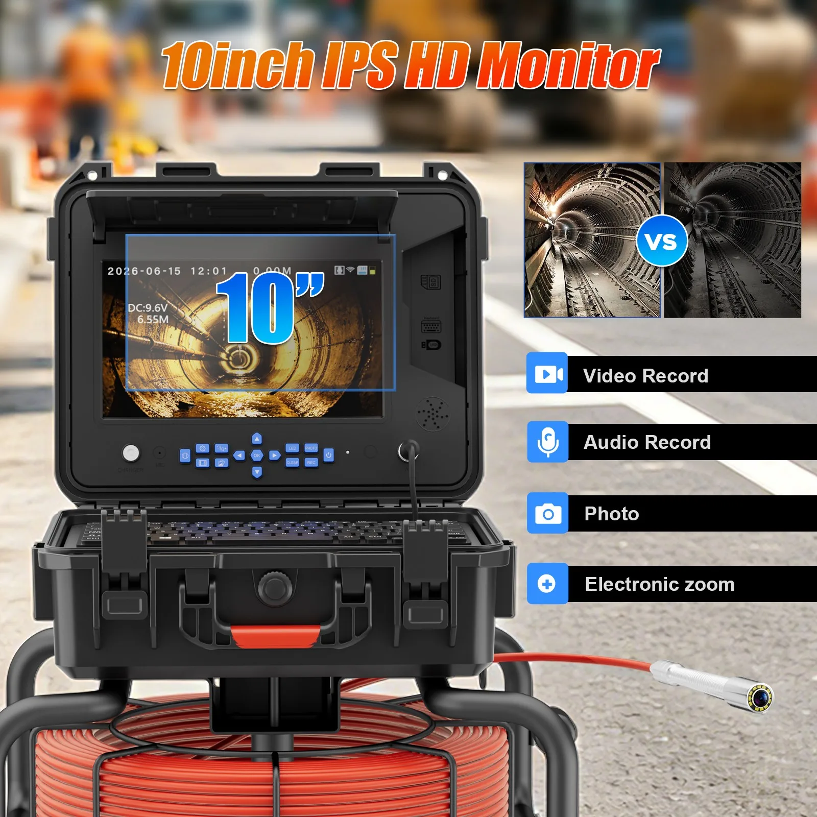 10″ Sewer Pipe Inspection Camera Self-Leveling 512HZ Wireless WiFi Auto With Keyboard Meter Counter Locator Video Borescope