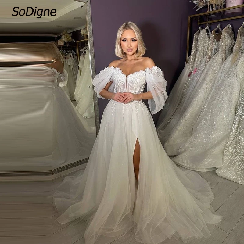 

SoDigne A-line Appliques Wedding Dresses Sweetheart Off Shoulder Bride Dress Split Long Bridal Gown Vestido De Noiva ﻿