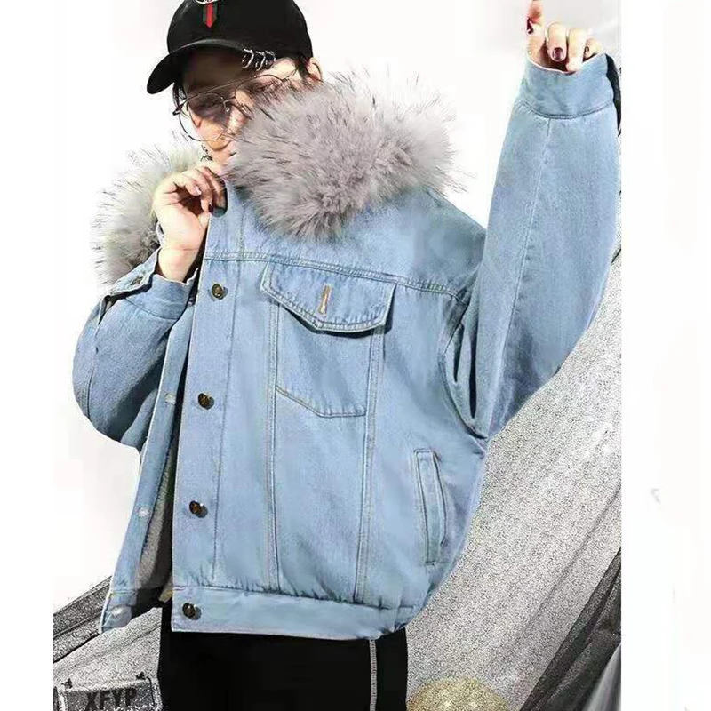 Gidyq Women Thick Warm Denim Jacket Korean Fashion Streetwear Fur Loose Coats Winter Female Casual Patchwork Hooded Outwear New