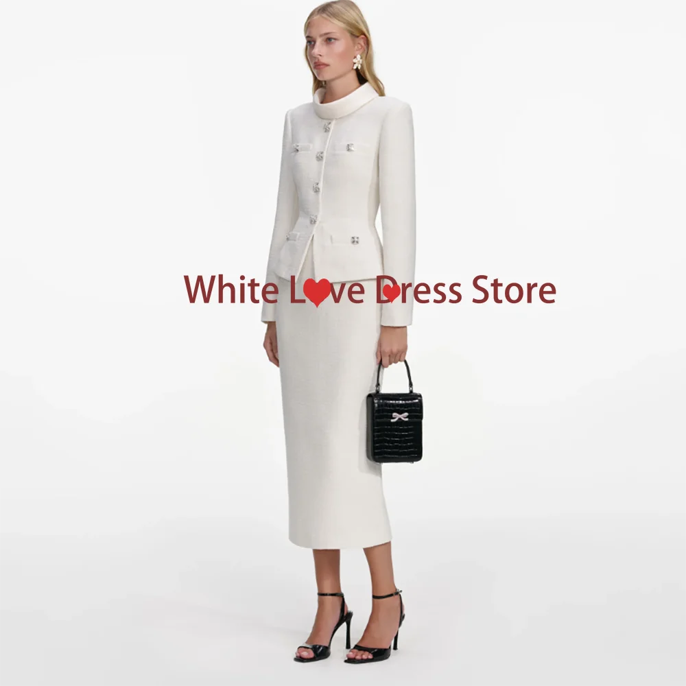 Fashion Two Piece with Button Formal Occasion Evening Dresses Full Sleeves Straight Knee Length Prom Gown Celebrity Dresses