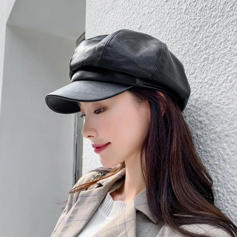 Octagonal Beret Cap Solid Color Beret Stylish Faux Leather Beret for Women Retro Sun Hat with Short Brim for Spring