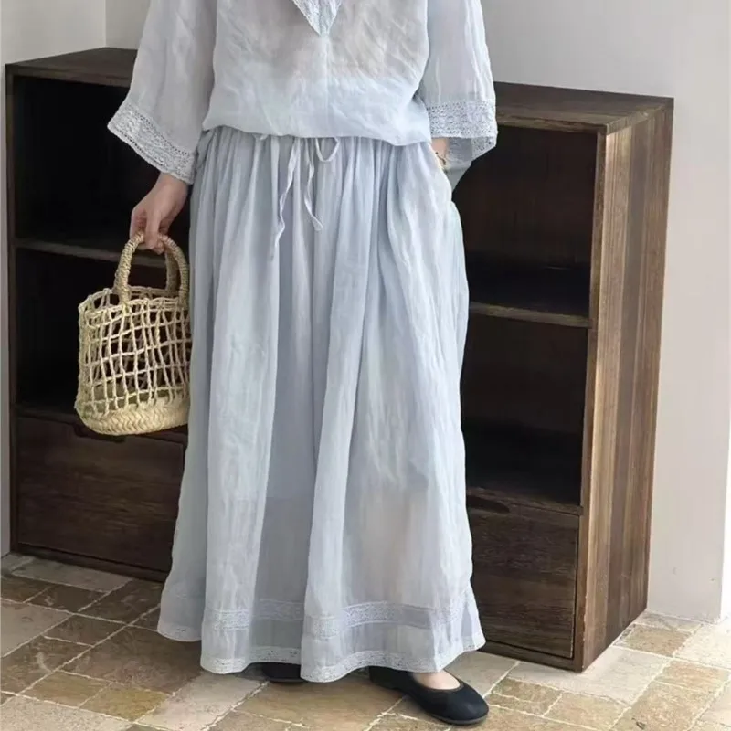 Johnature Ramie Patchwork Lace Pants Women Summer 2025 New Lace-up Elastic Waist High-waisted Cropped Pants