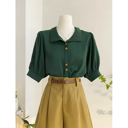 Imagen 2 del producto Camisas de nicho para mujer, novedad de verano, Top Retro verde de manga corta, ropa exterior única para mujer, ropa femenina de estilo de Hong Kong Popular