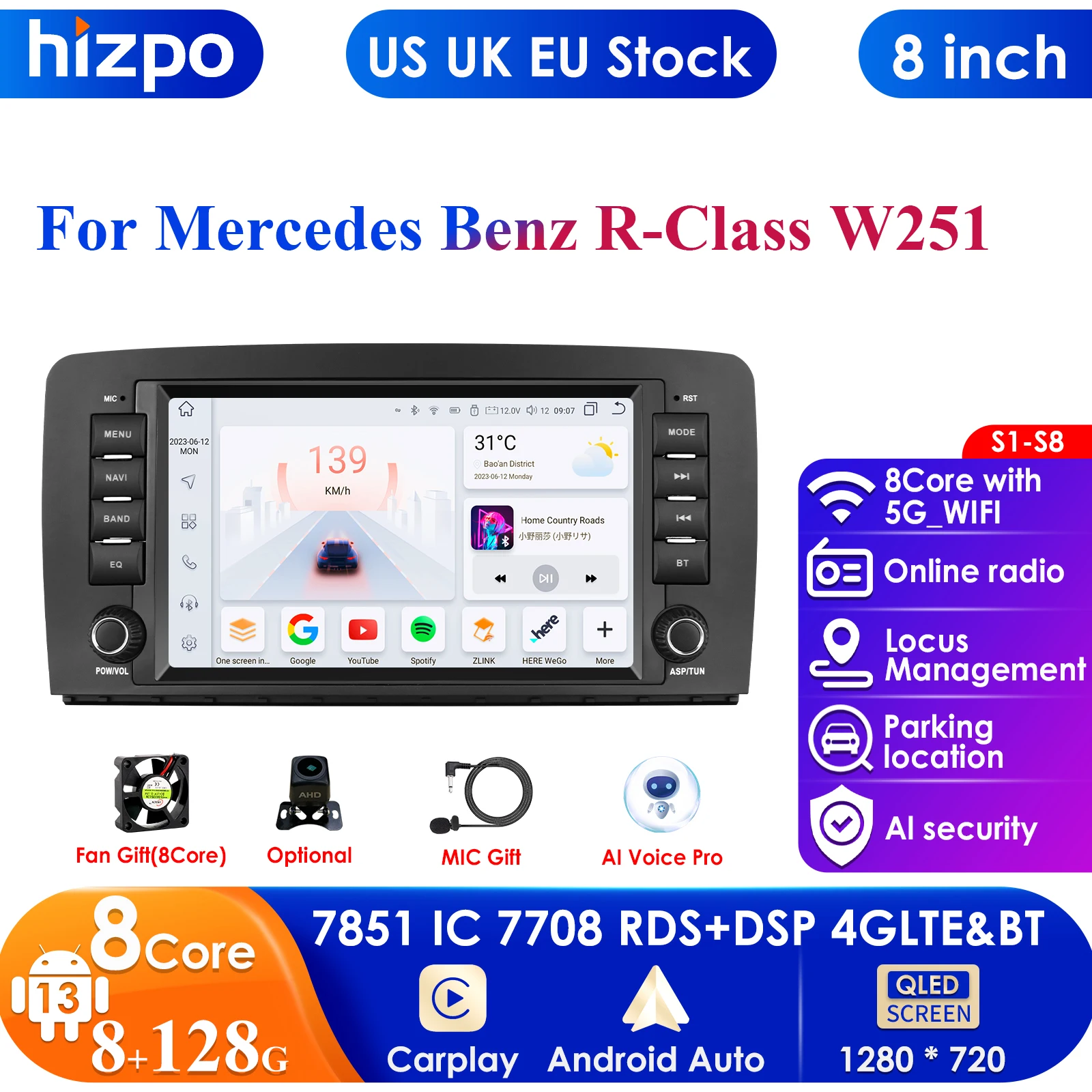 2Din Android 13 Car Radio for Mercedes Benz R-Class W251 R300 R280 R320 2005-2017 Multimedia Video Player Navigation GPS Carplay