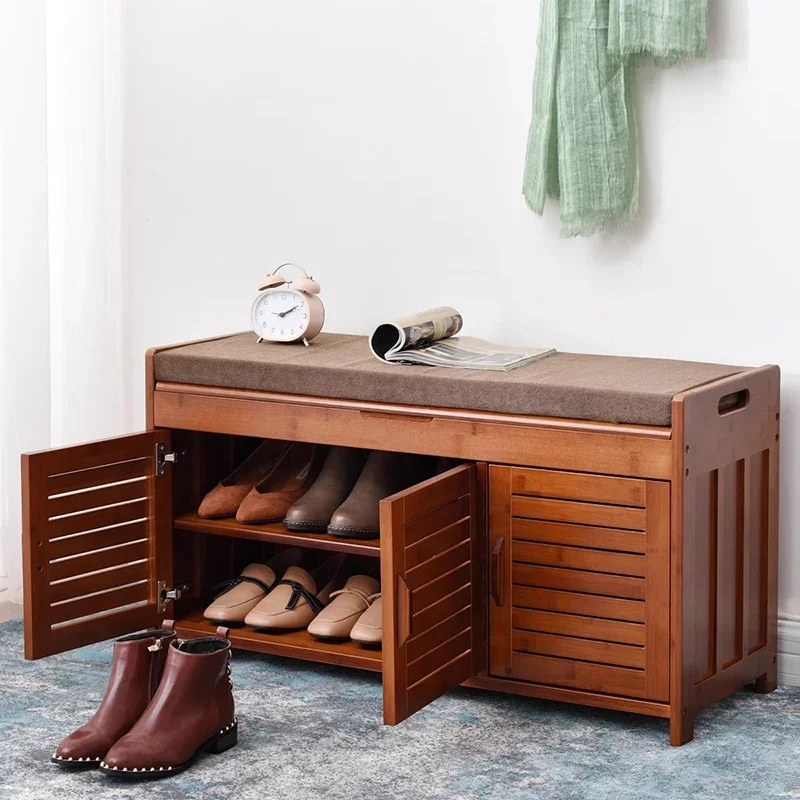 Simple Modern Rustic Solid Wood Multi Function Shoe Bench Stool with Storage Rack Cabinet for Entryway Try On Shoes