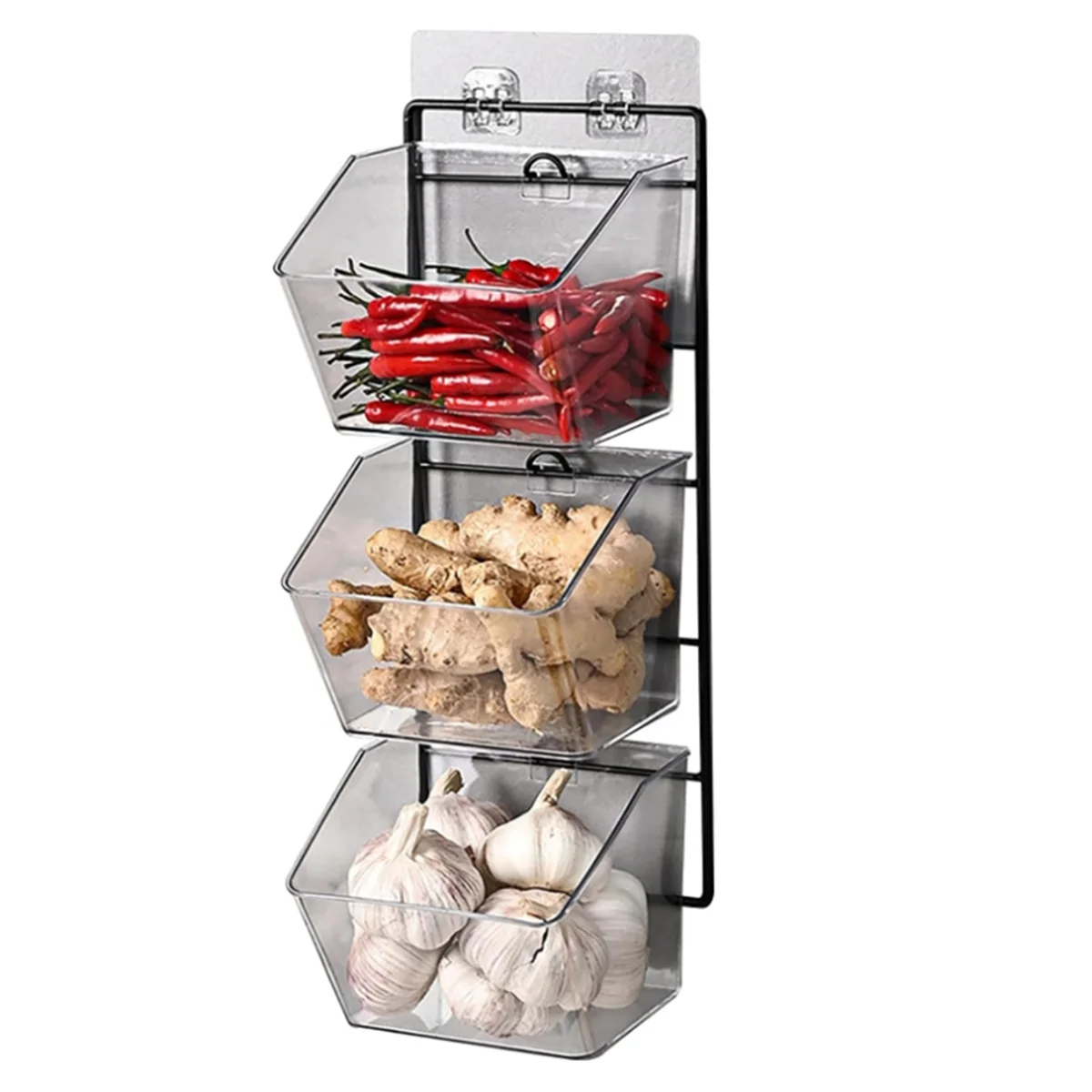 3 Compartments Wall Mounted Ginger Garlic Container Countertop Onion and Potato Storage Box with Metal Rack,Length 40cm