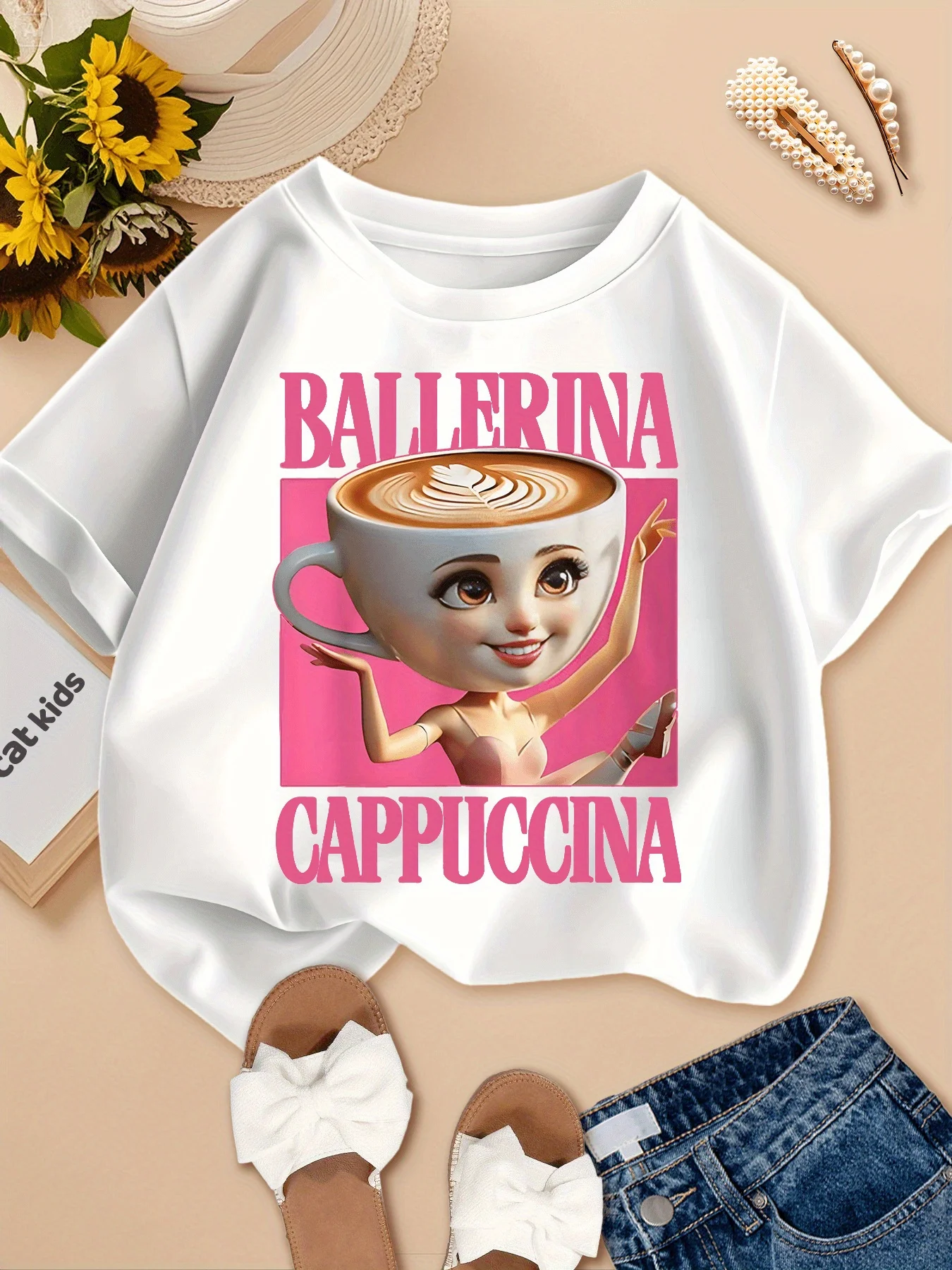 

Забавная футболка с рисунком капучино для девочек, хлопковые футболки с короткими рукавами, детские футболки, летние топы, детская футболка, детская одежда