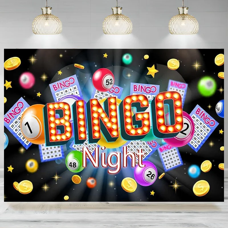 Bingo Backdrop Banner Billiards Winning Ball Gold Coins Game Time Party Banner Background Cake Table Decoration Photography