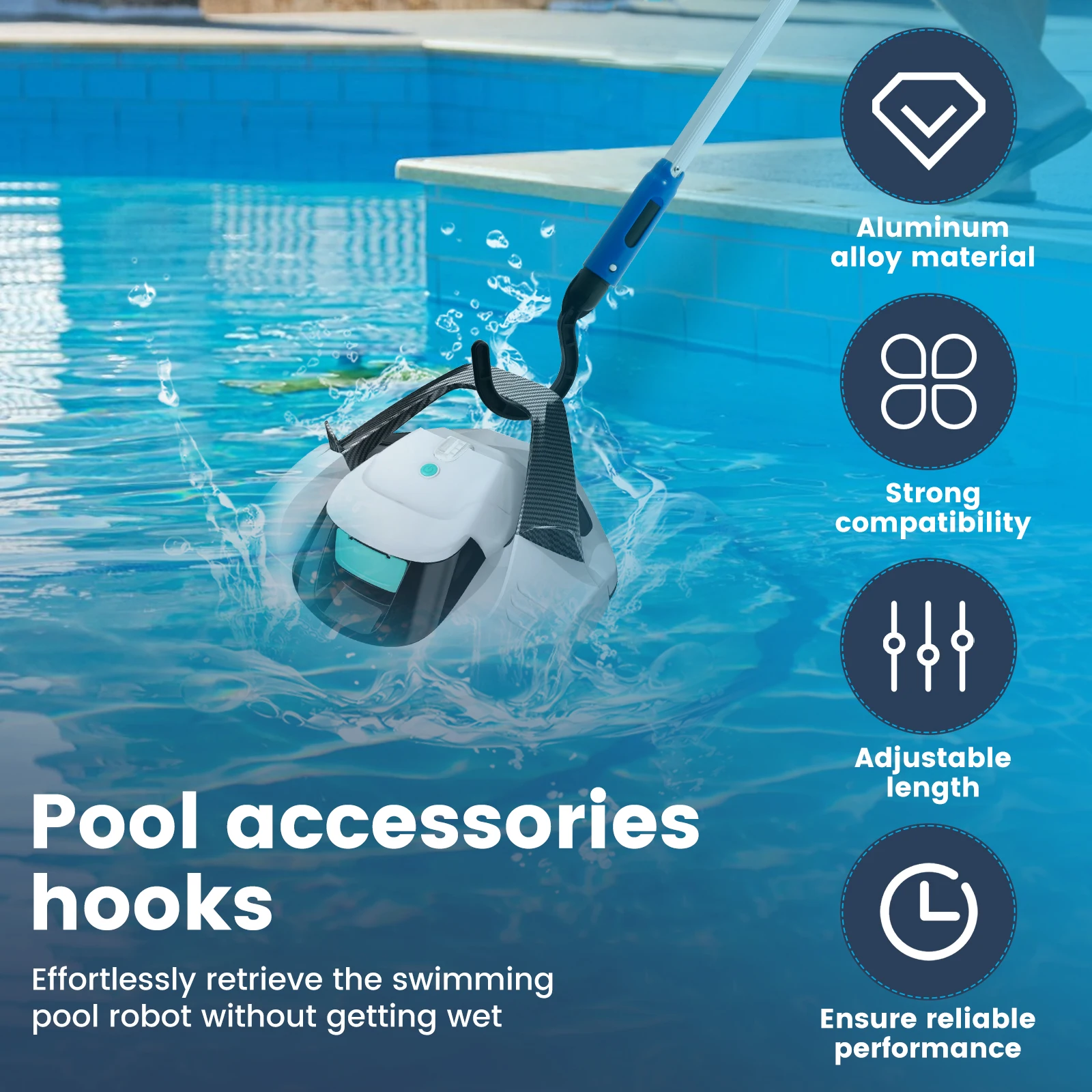 60 Inch Extended Pool Pole Hook Aluminum Alloy Adjustable Telescopic for Grabbing The Vacuum Robot Pole Hook Above Ground Pool