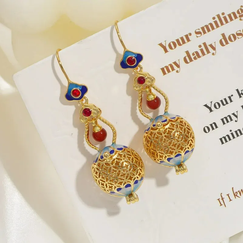 New Chinese Style Gourd Shape Dangle Earrings, Retro Ethnic Style Hollow Out Enamel Craftsmanship, Cloud Drip Oil, Red Agate Y2k