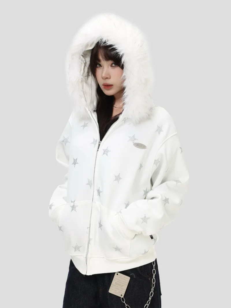 American Retro Fashion Trend Star Print Fleece Hoodie Loose Casual Zipper Jacket Unisex