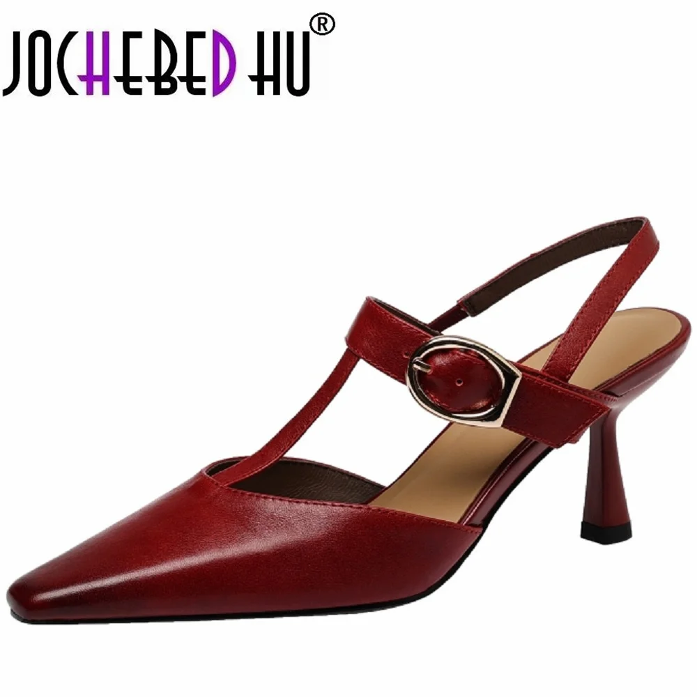 

【JOCHEBED HU】New Women Summer Handmade Genuine Leather Soft comfortable Sandals Sexy Closed Square Toe Party Shoes 34-40
