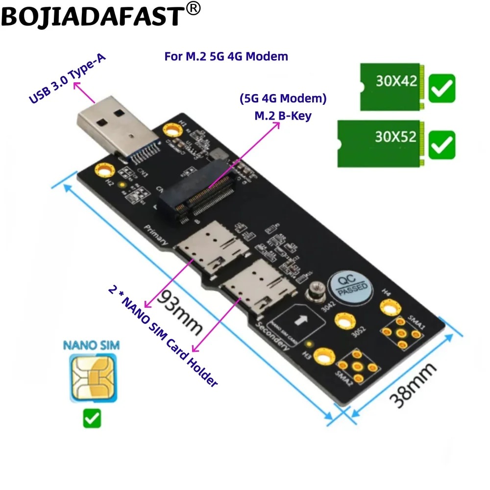 

USB 3.0 Type-A Connector to M.2 B-Key Wireless Adapter Dual NANO SIM Card Holder For 5G 4G LTE Modem Module