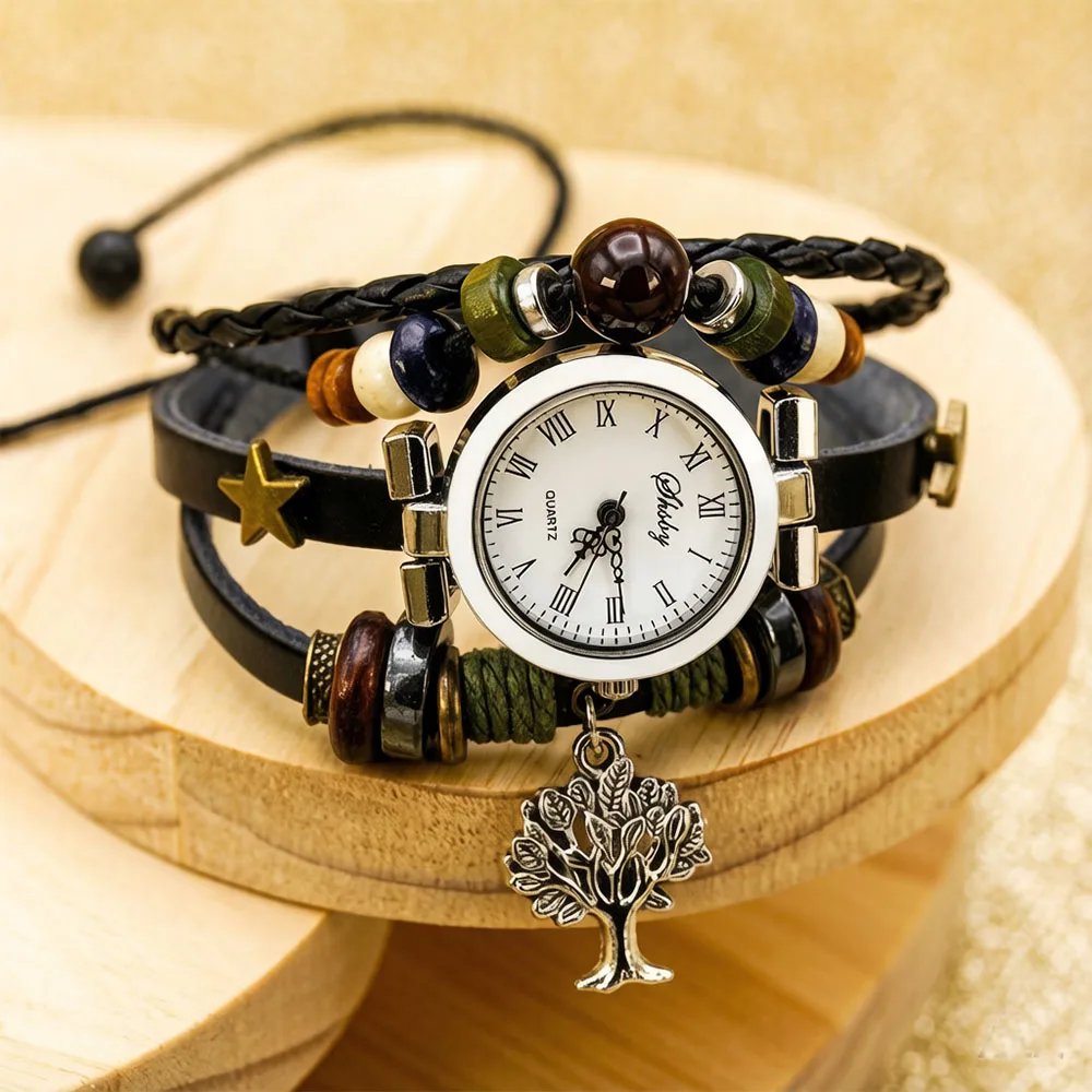 Vintage Cowhide Watch Bracelet Women Handmade Woven Leather Quartz Watch Colorful Wooden Beads Charm Bangle Ethnic Style Clock